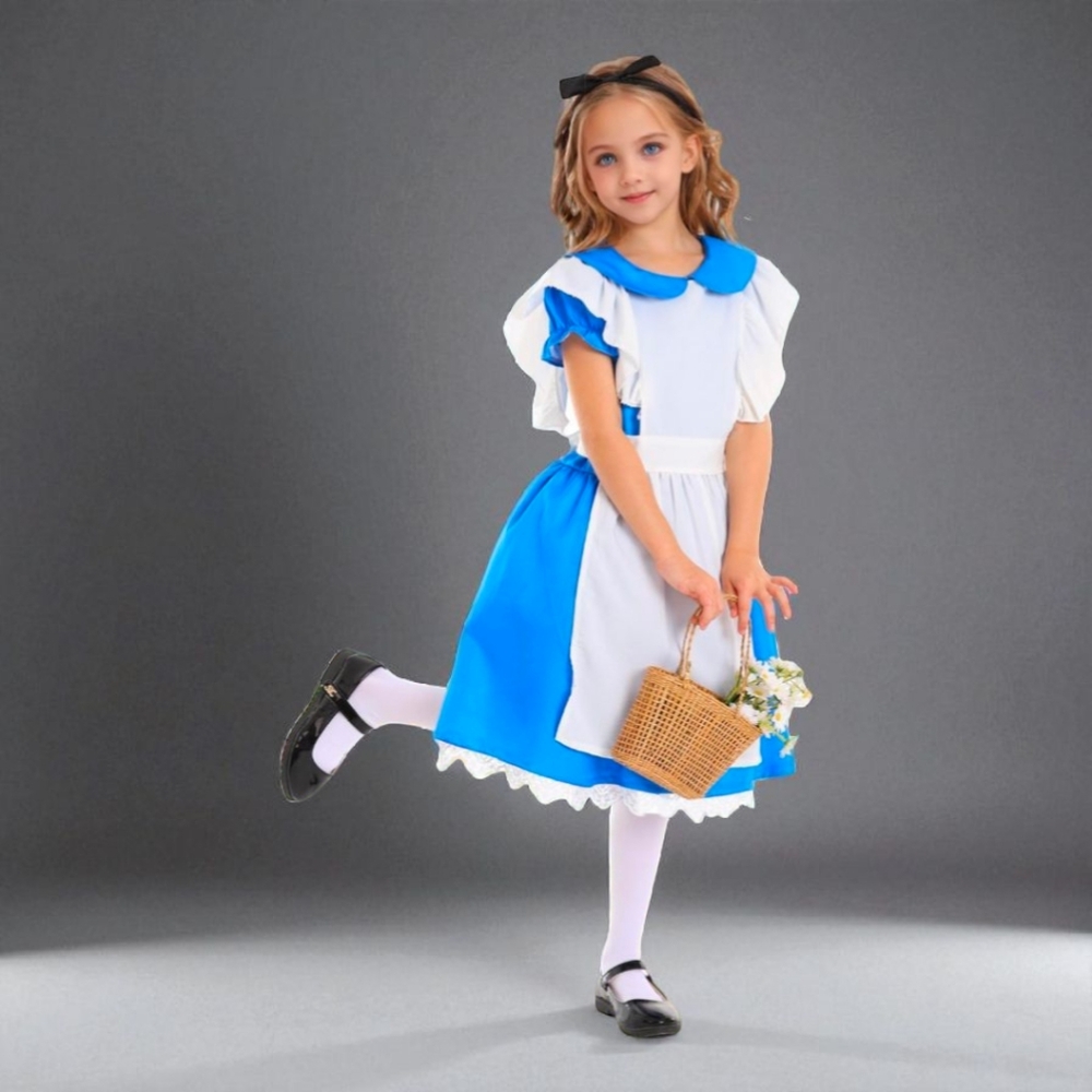 Girls Cute Blue Birthday Party Wonderland Dress With Blonde Wig, New